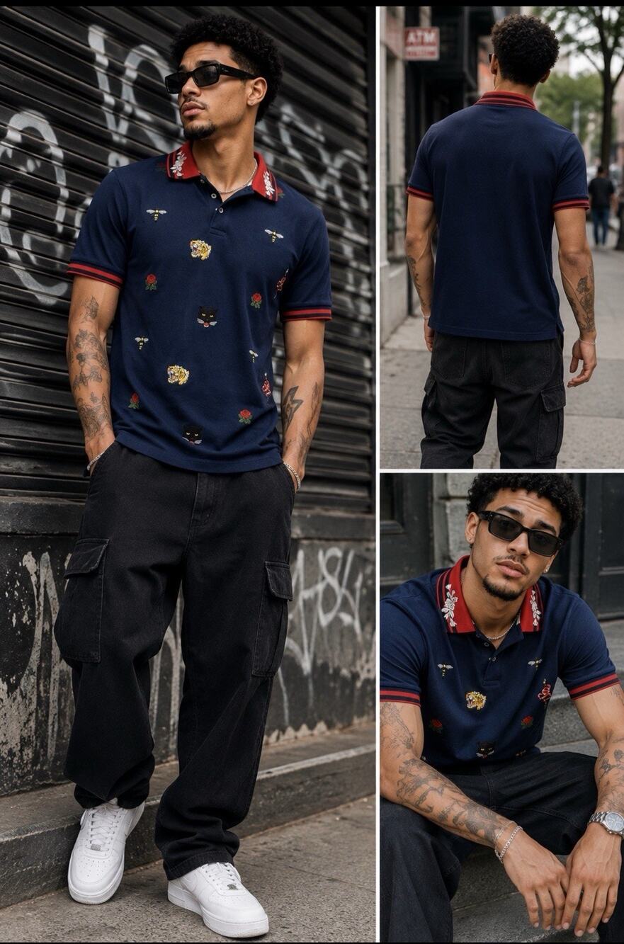 RS1NE Men's Embroidered Blue Short Sleeve Polo Shirt Sz 2XL Streetwear